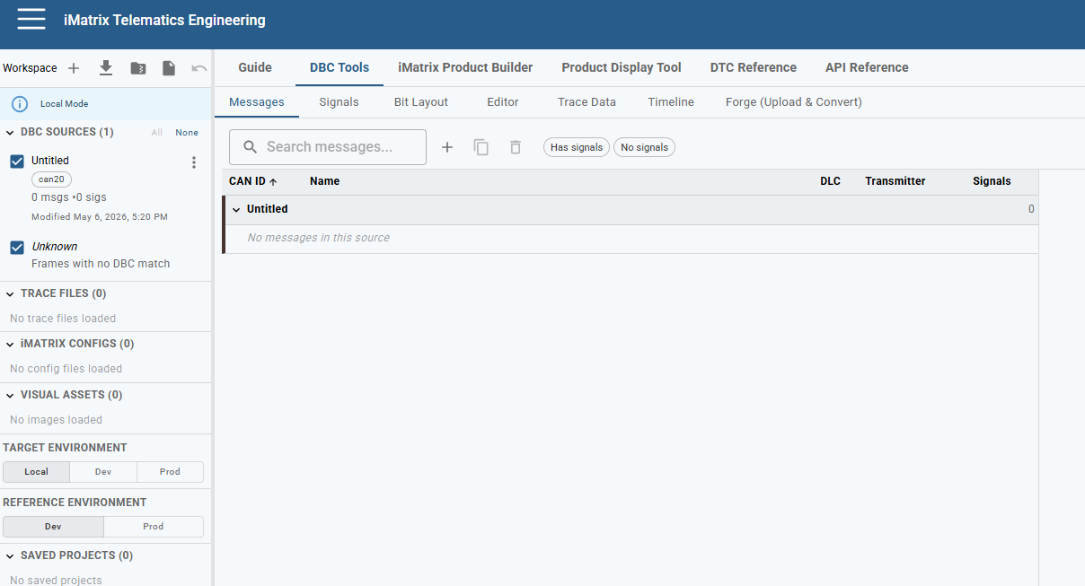 iMatrix Workbench — DBC Tools, Messages tab