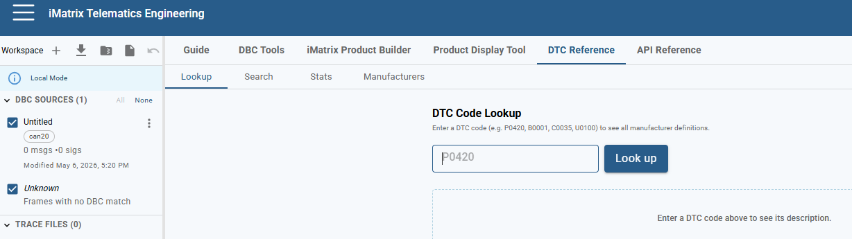 iMatrix Workbench — DTC Reference, Lookup tab