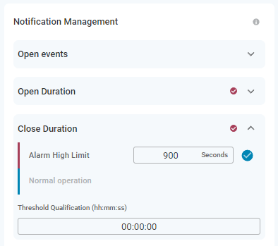 Closed Duration Alarm for 15 Minutes