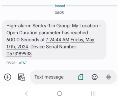 Sentry Alarm Text Message